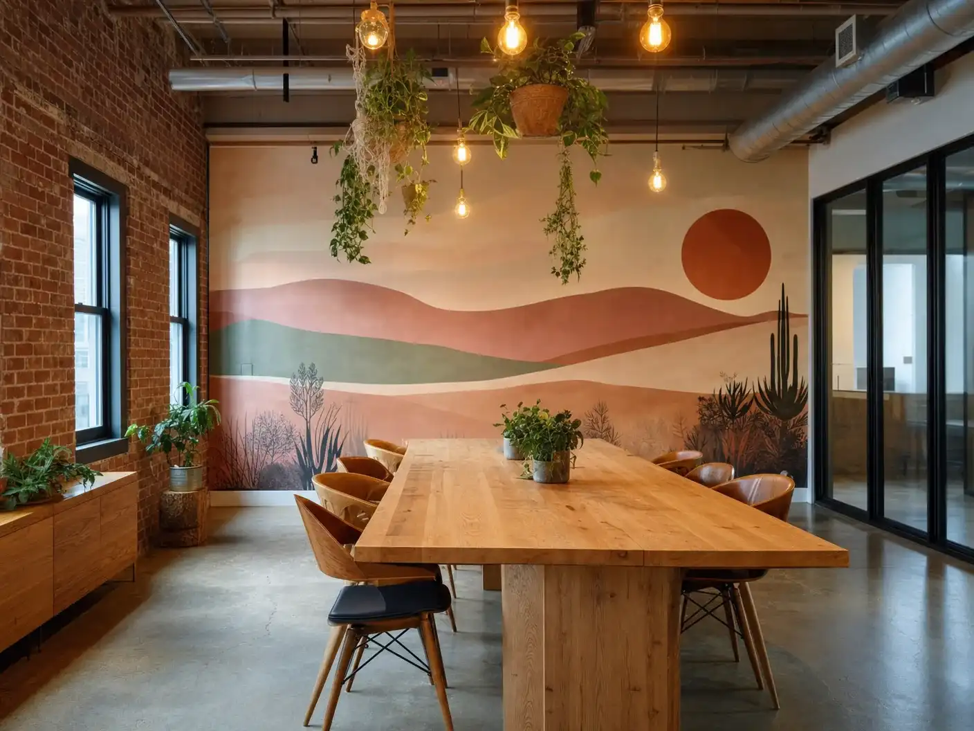 LA creative coworking with custom California-coast mural wallpaper