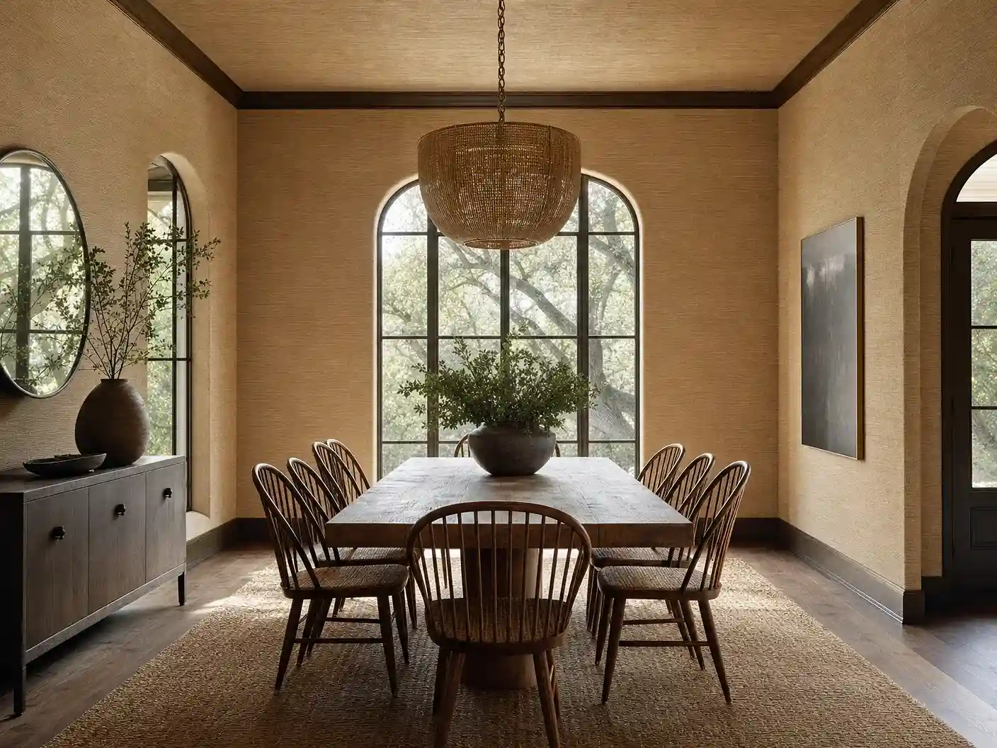 LA dining room wrapped in beige natural grasscloth