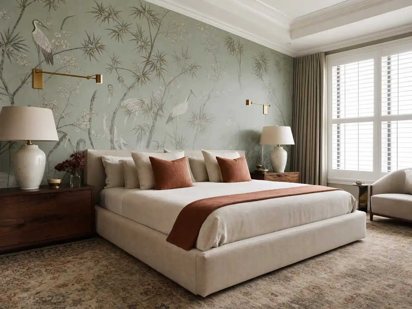 Bel Air primary bedroom with chinoiserie wallpaper