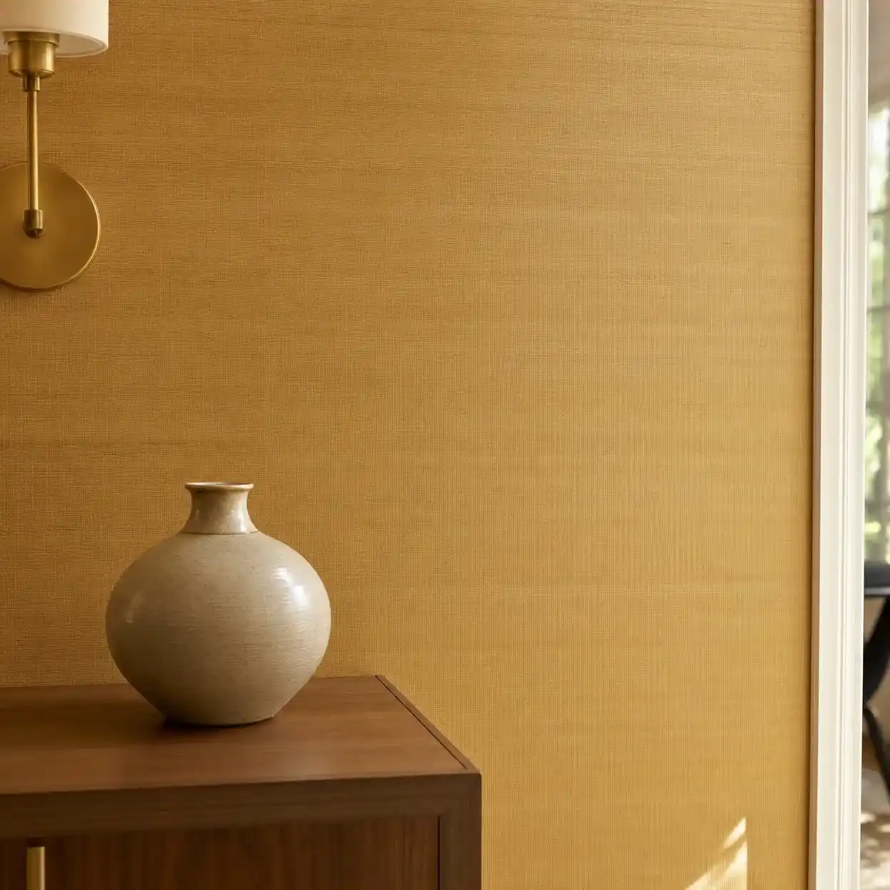Grasscloth wall in executive corridor