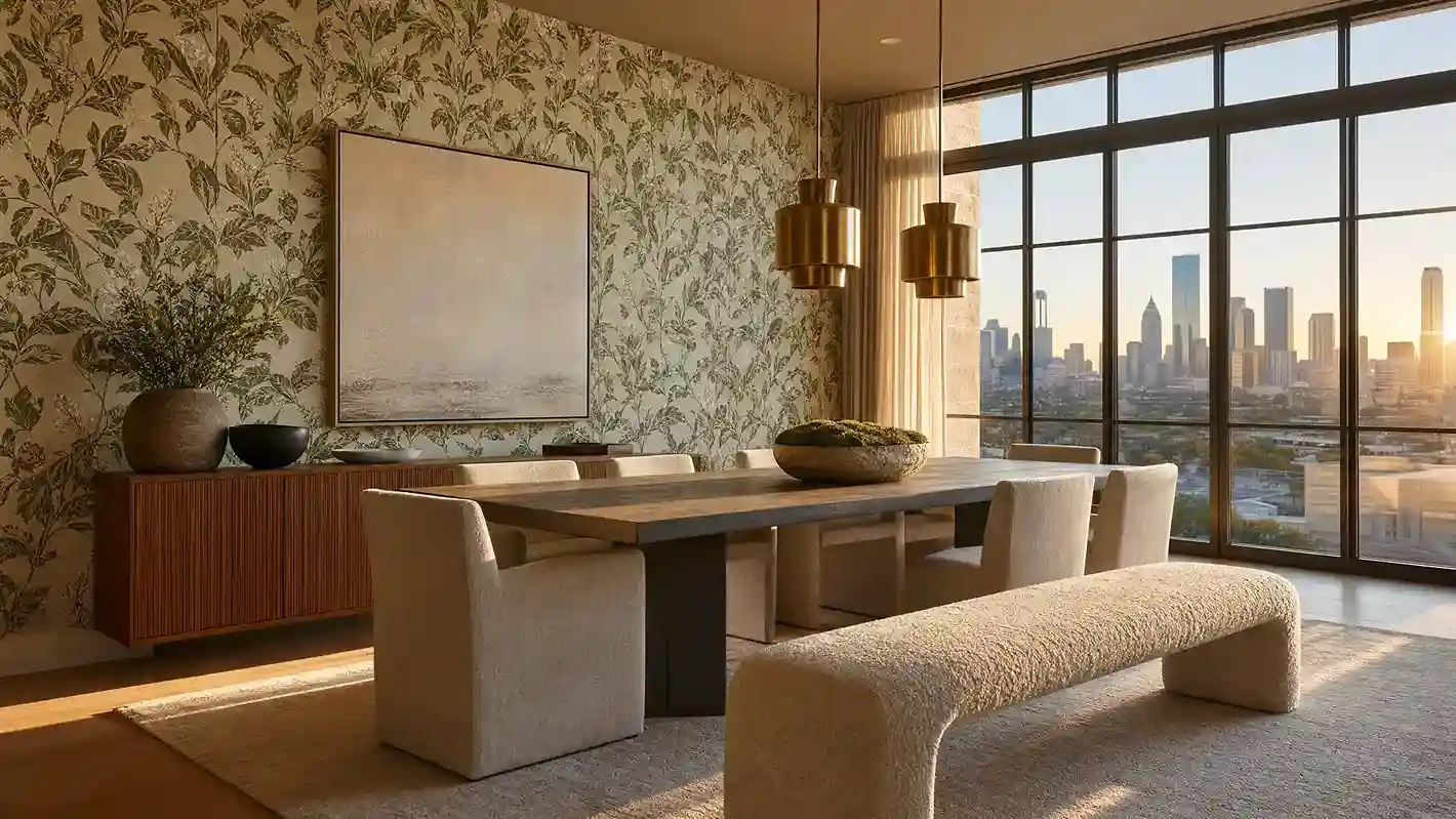 Los Angeles dining room with botanical feature-wall wallpaper at golden hour