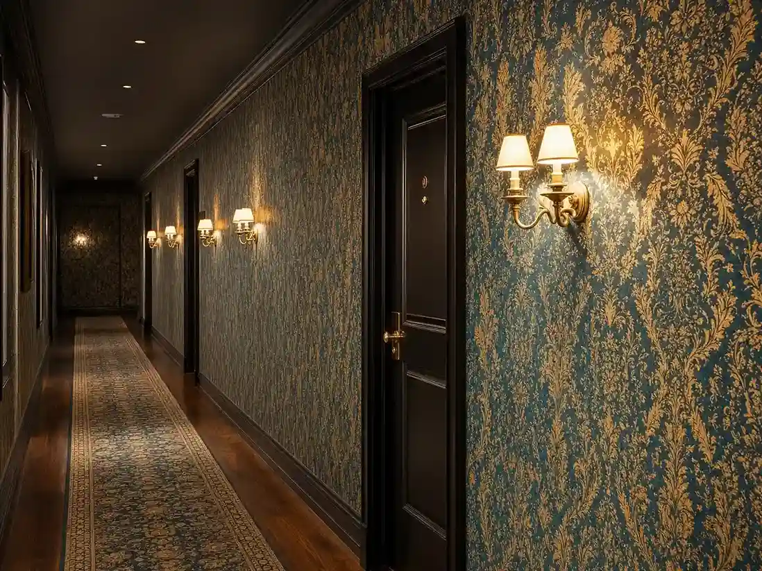 LA hotel corridor with metallic vinyl wallcovering after overnight installation