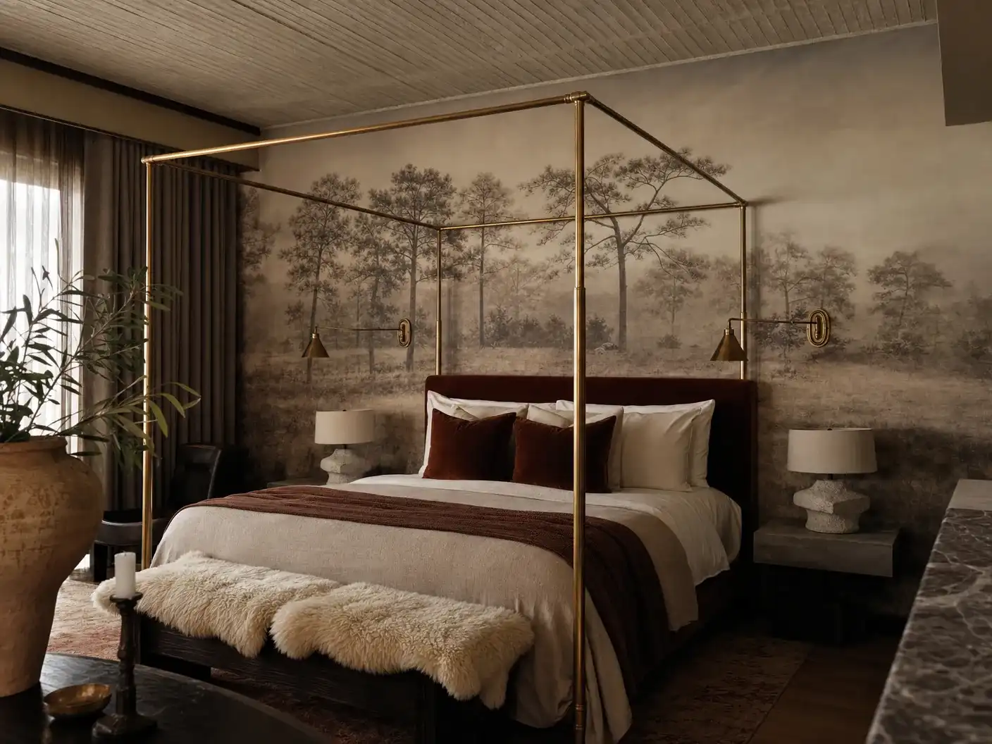 LA boutique hotel suite with scenic forest mural wallpaper