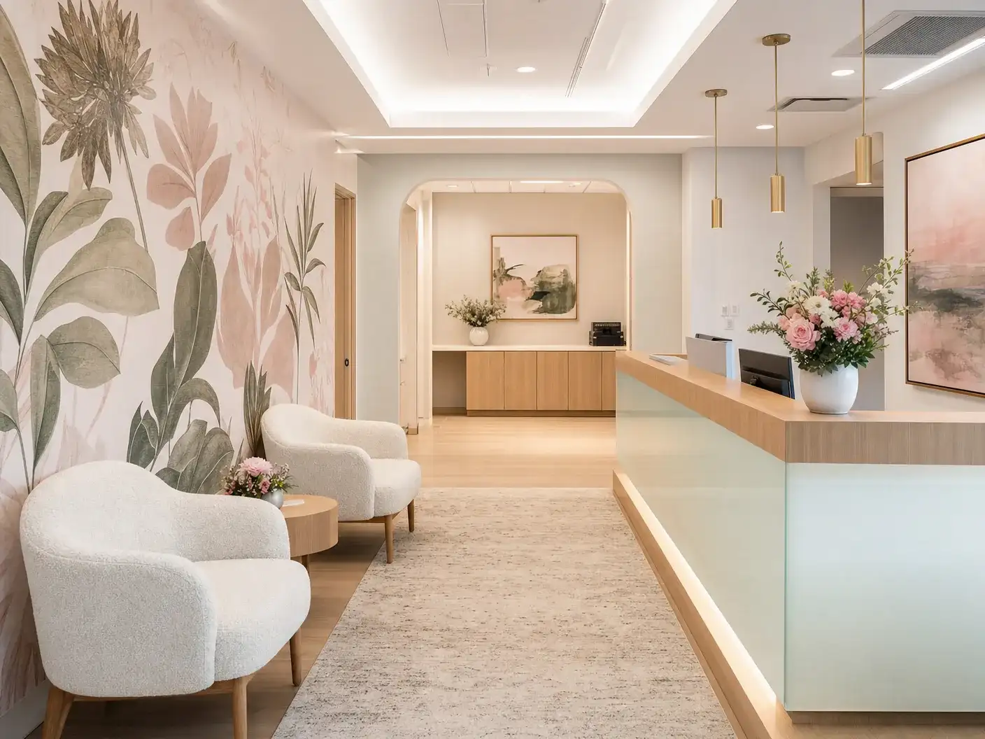 LA medical office with calming botanical feature wallpaper