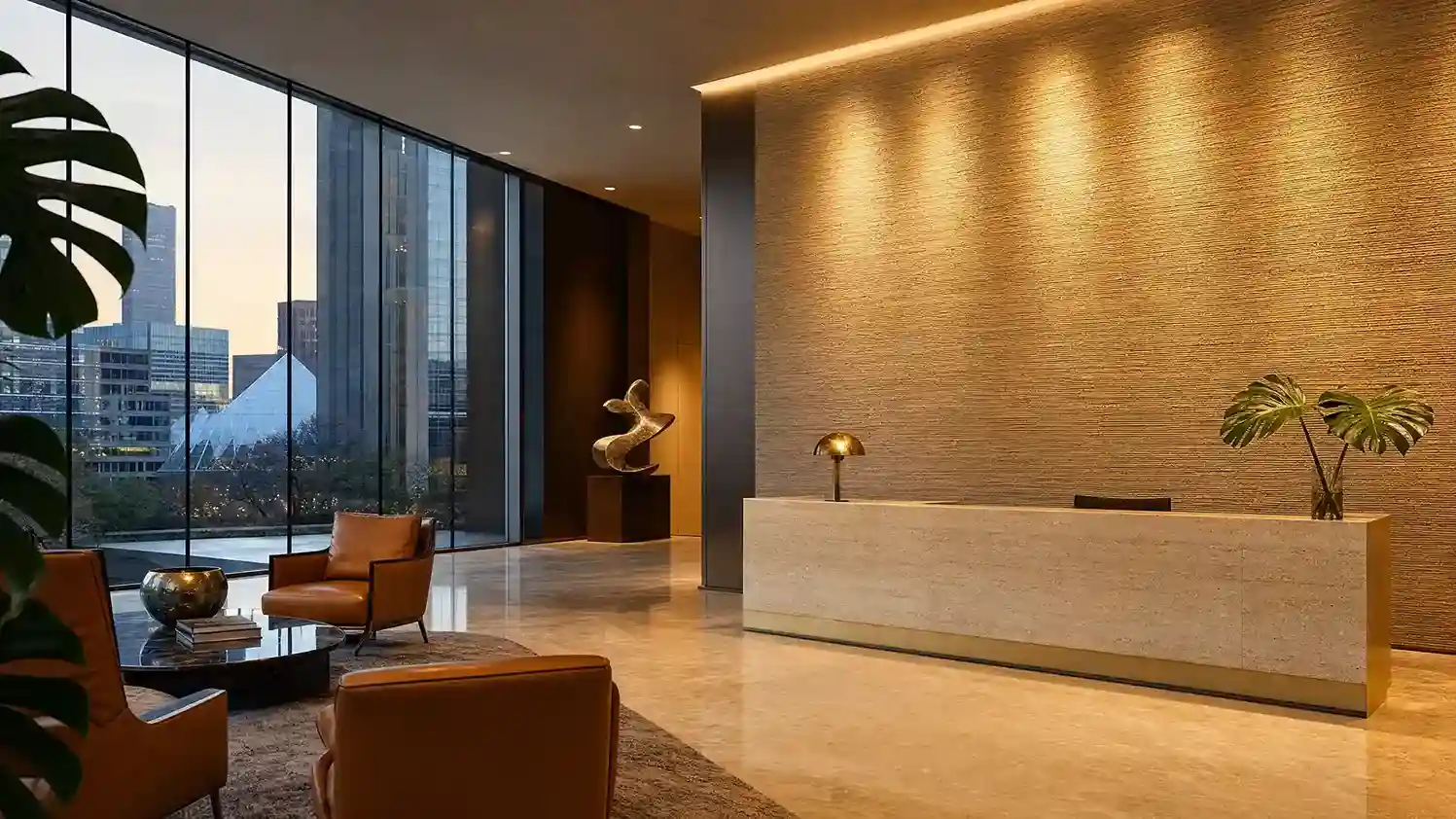 Class A LA office lobby with grasscloth feature wall