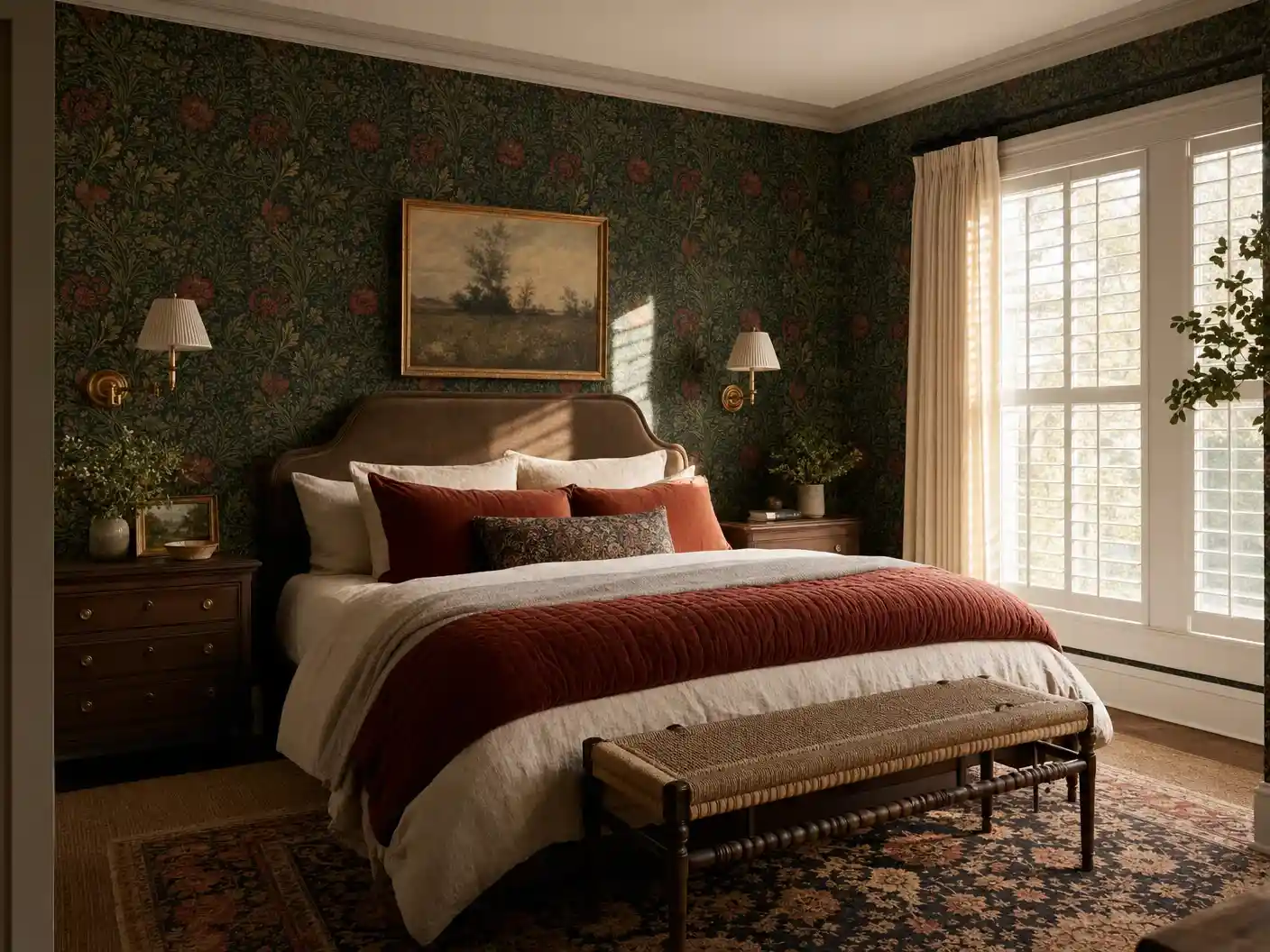 LA master bedroom with William-Morris-style botanical wallpaper