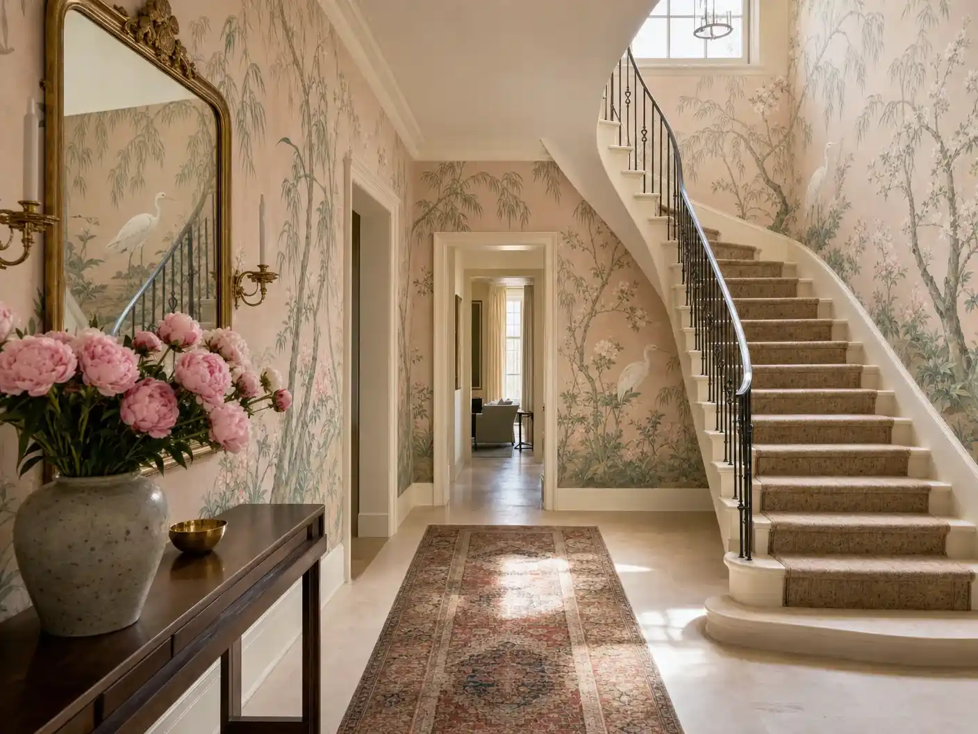 Bel Air foyer with chinoiserie wallpaper and curved staircase