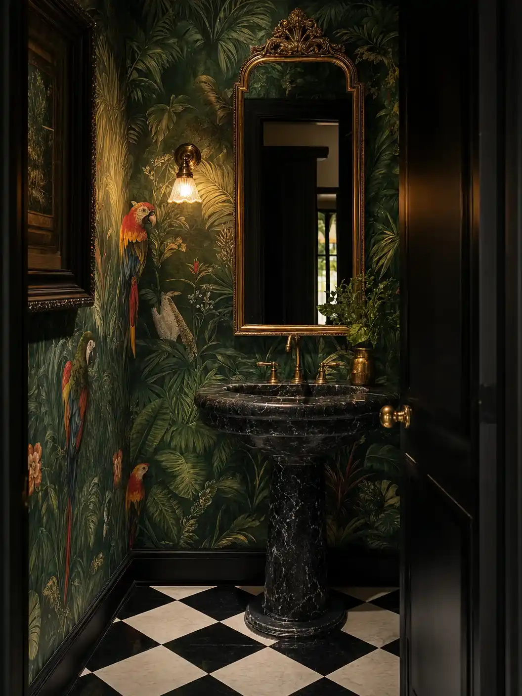 Spanish Revival powder room with tropical jungle wallpaper
